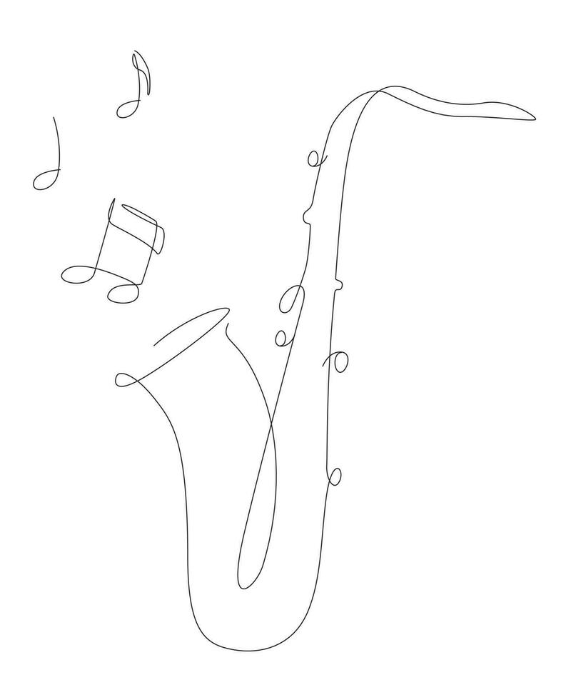 One line sax illustration with notes. Jazz music band instrument line art. Saxophone logo icons vector design.