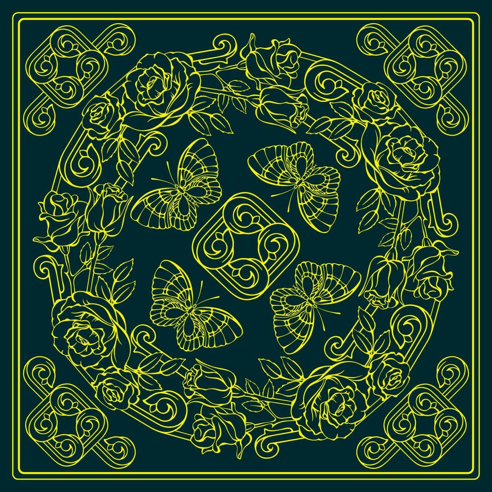 Botanical square pattern with roses and butterflies. Floral Bandana. Vector. vector