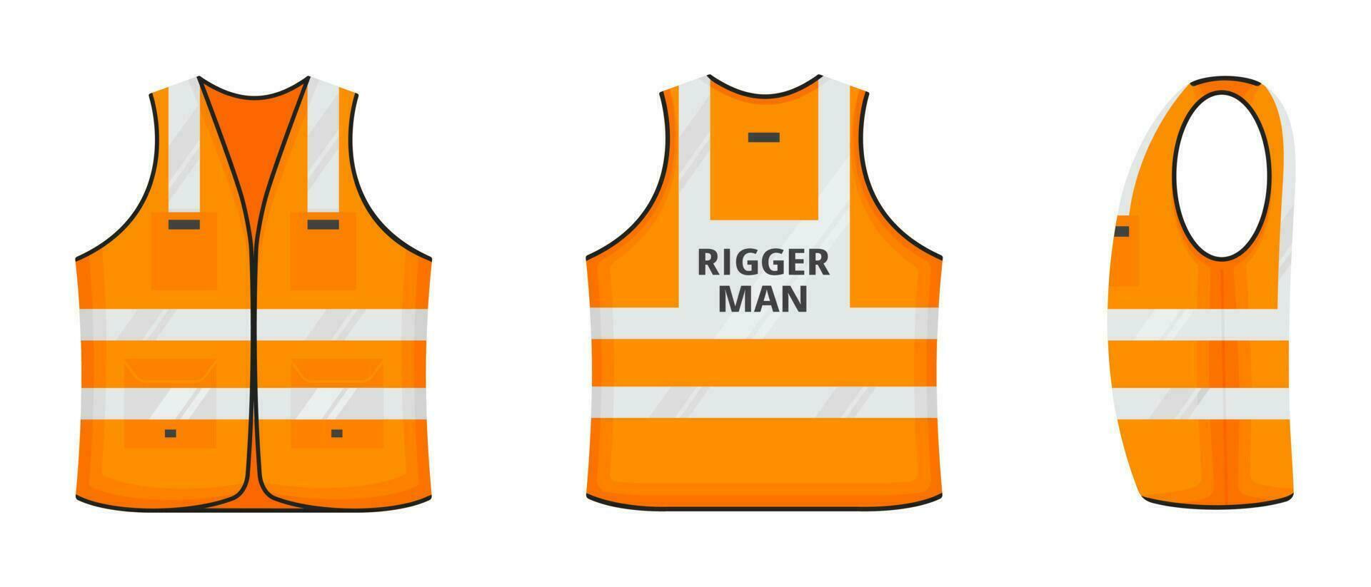 Safety reflective vest with label Rigger man tag flat style design vector illustration set.