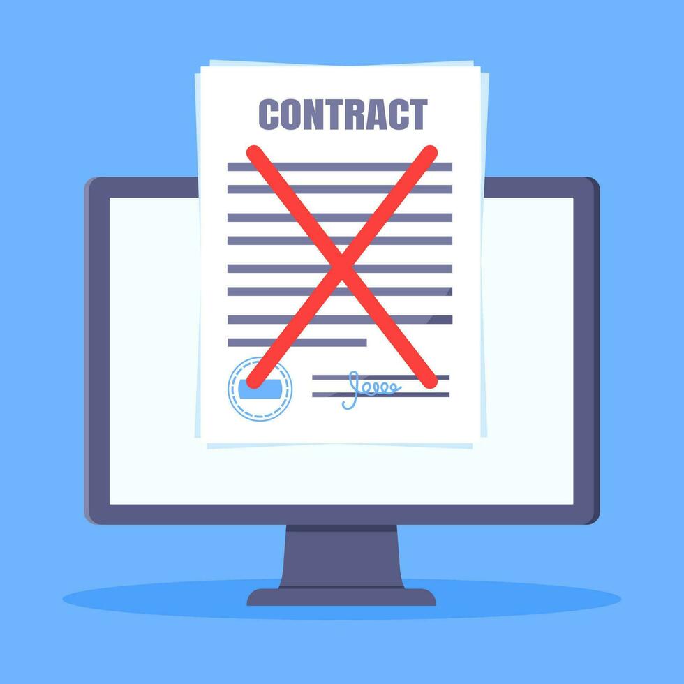 Contract cancellation business concept. Terminated tearing contract paper sheet breach pop up above PC monitor flat style design vector illustration isolated on white background.