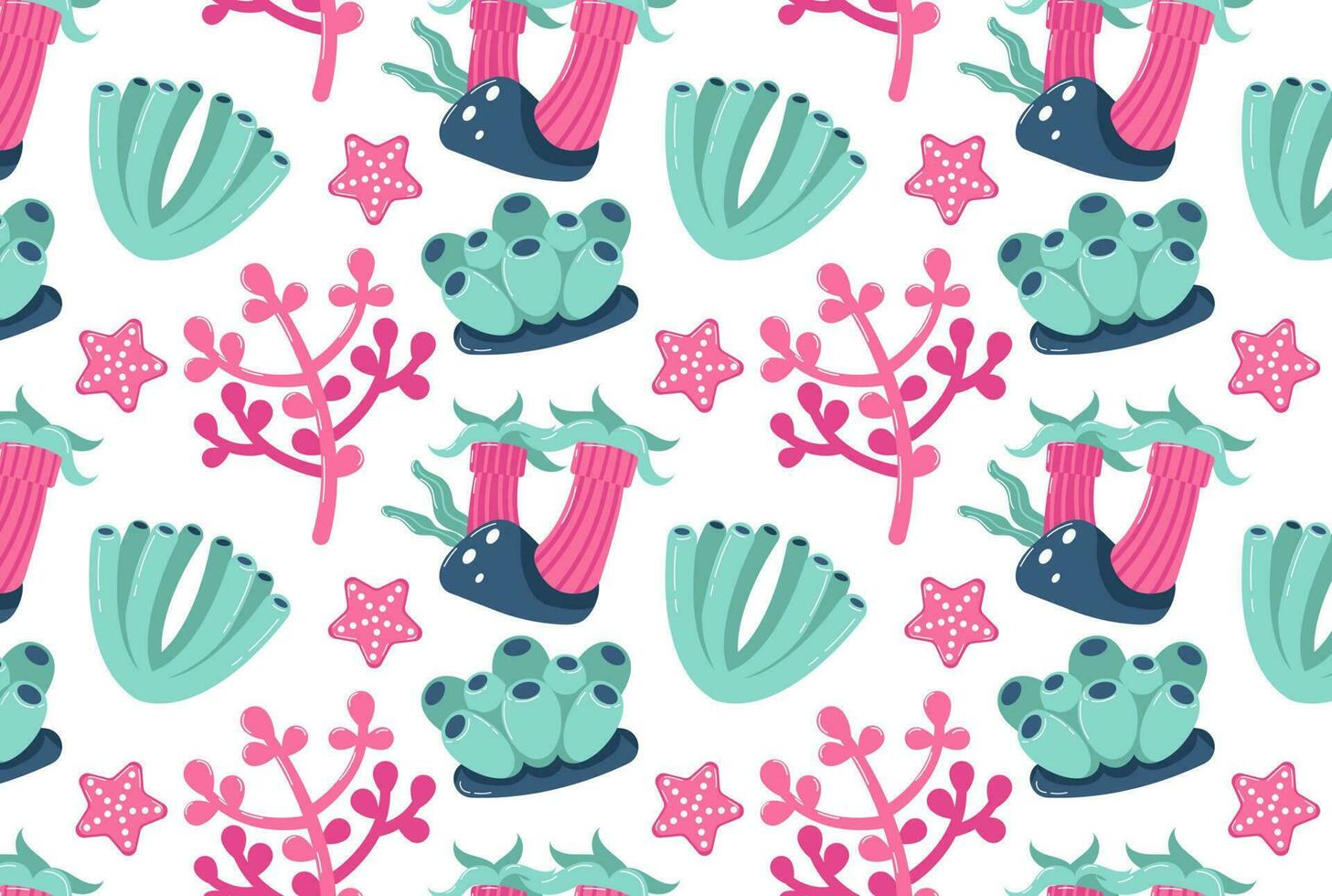 Seamless pattern of seashells, sea flowers, seaweed and starfish on a white background vector