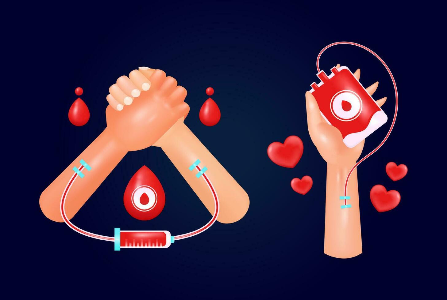 Blood Donor Day, 3d vector of giving blood to save lives. Giving and receiving hands to donate blood. Suitable for design elements