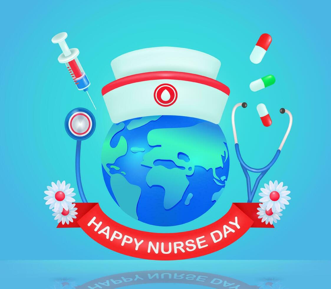 International nurses day. stethoscope, earth, injection and nurse cap 3d vector elements. Medical background