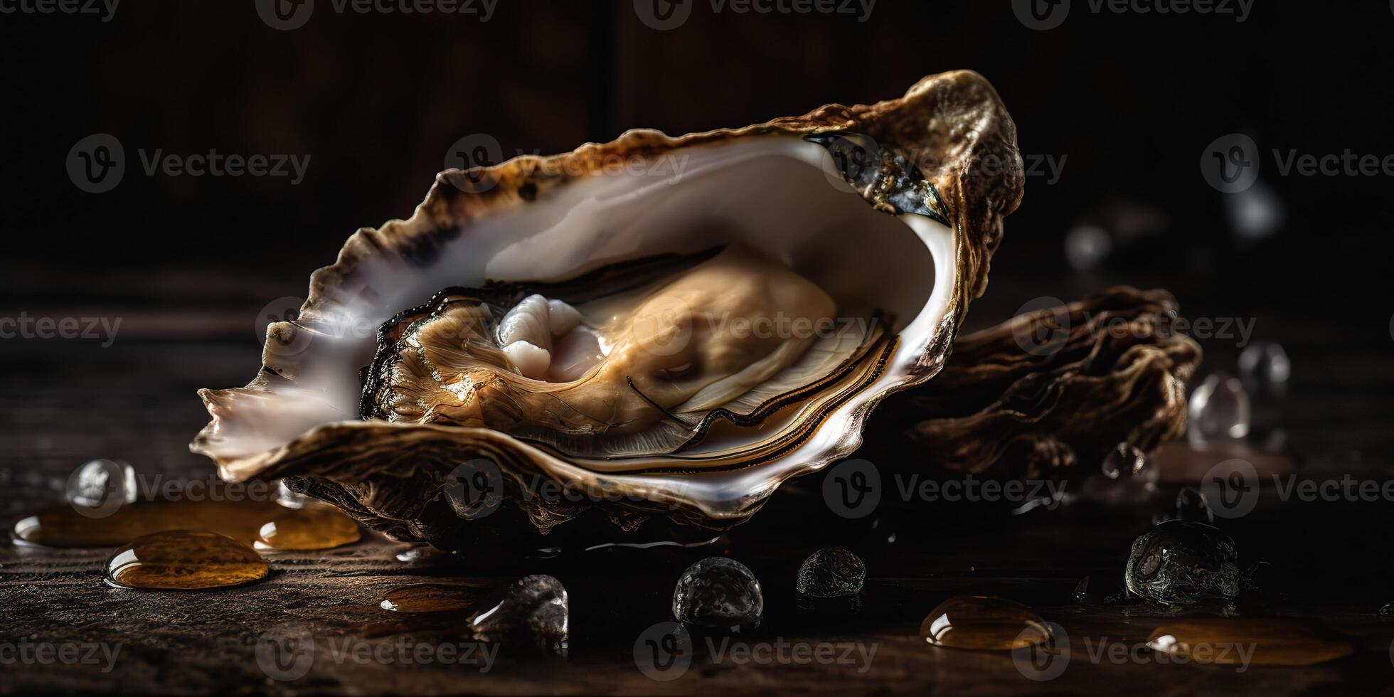 . . Macro photorealistic shot of sea ocean oyster open shell delicious food for wine. Romantic luxury vibe. Graphic Art photo