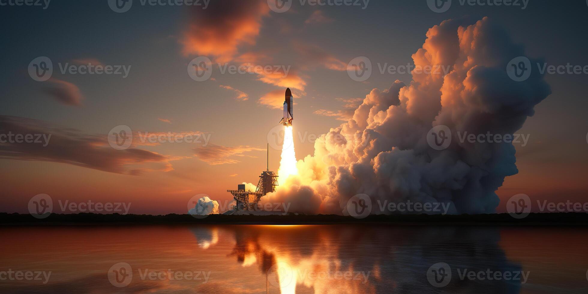 . . Photo realistic illustration of rocket shutle ship nasa launching. Adventure space travel explore vibe. Graphic Art