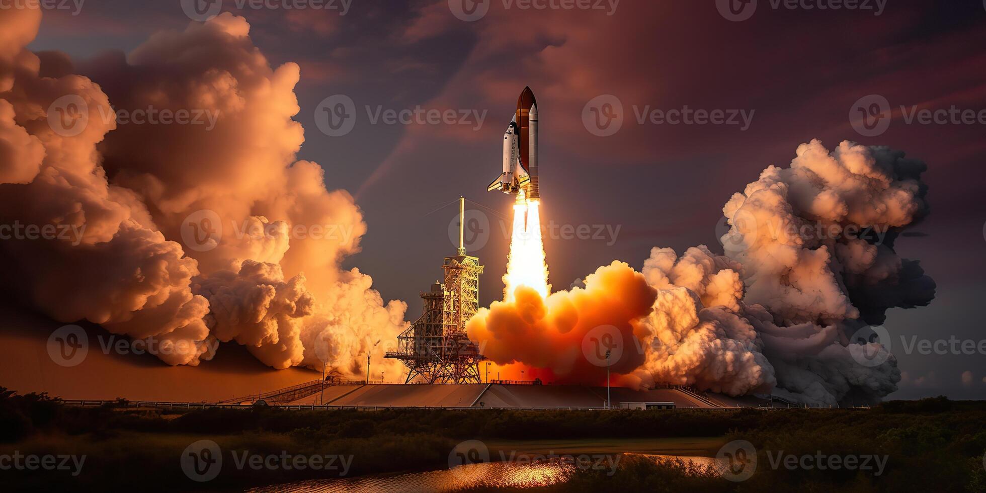 . . Photo realistic illustration of rocket shutle ship nasa launching. Adventure space travel explore vibe. Graphic Art