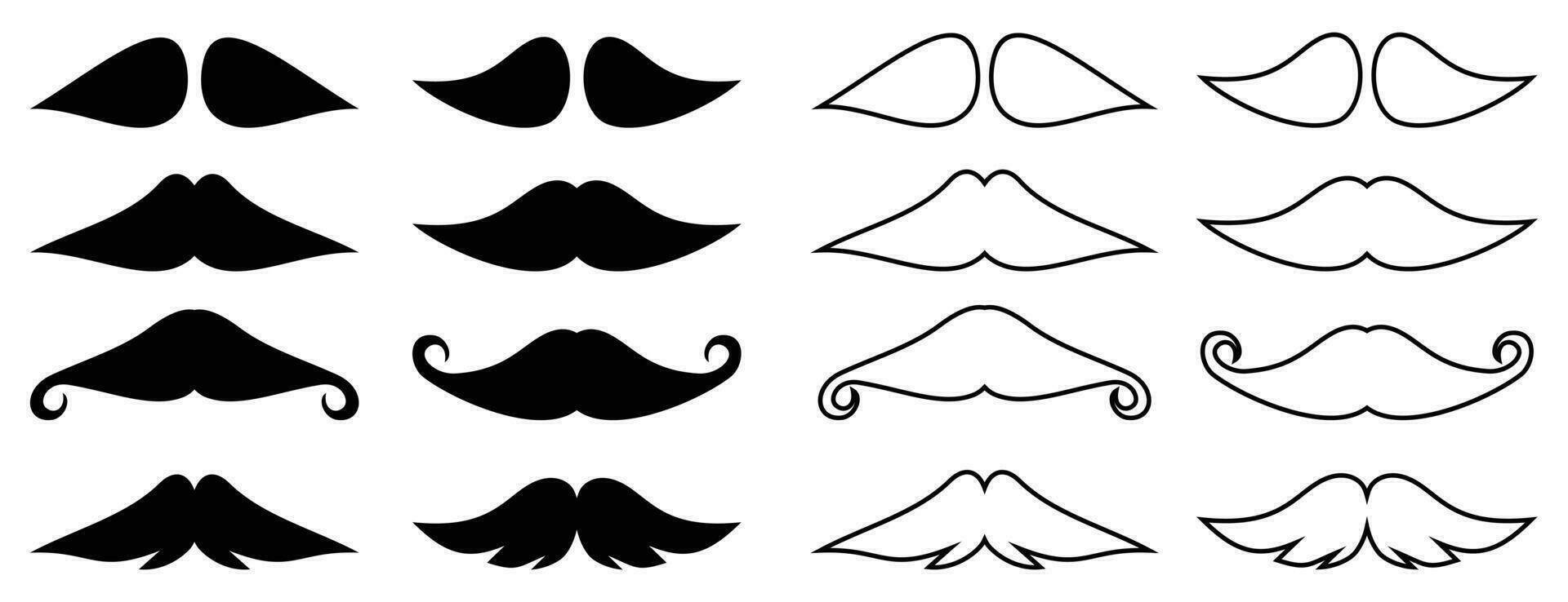 set of flat and line design mustache icons on white background isolate, vector illustration for father's day.