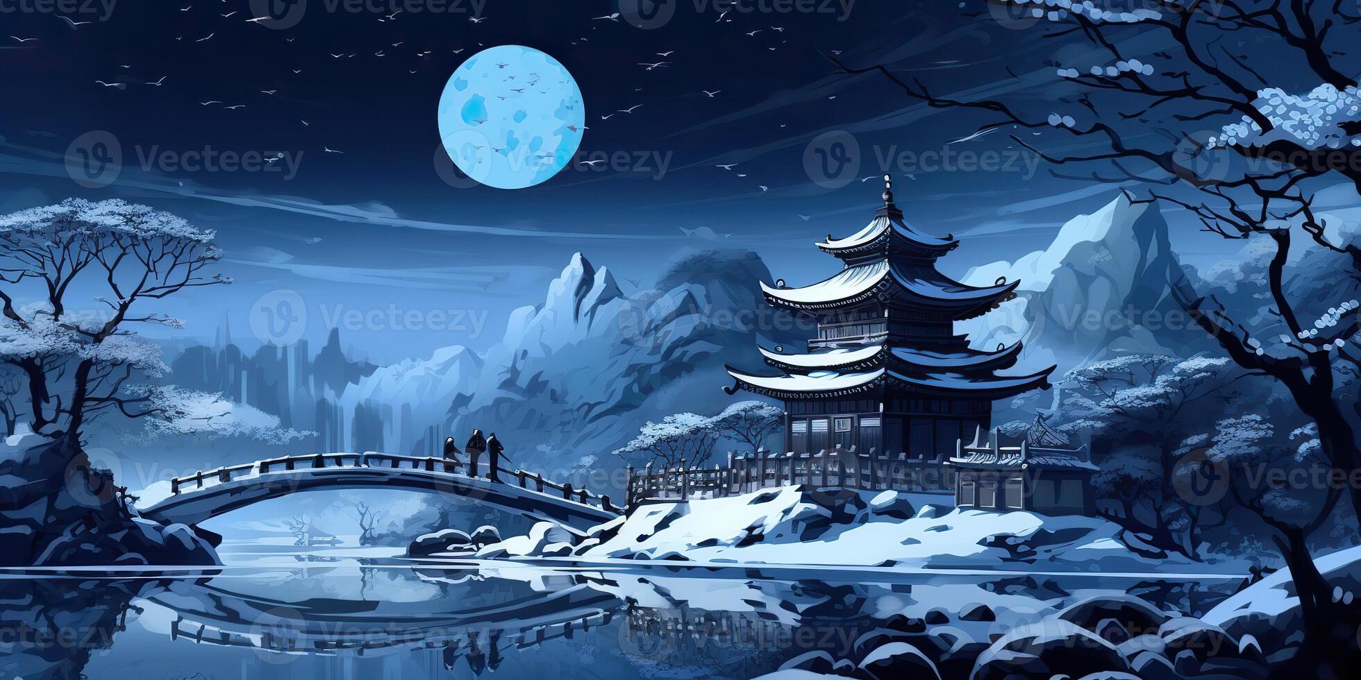 . Asian chinese cartoon style blue colors pagoda temple tower landscape. . Graphic Art photo