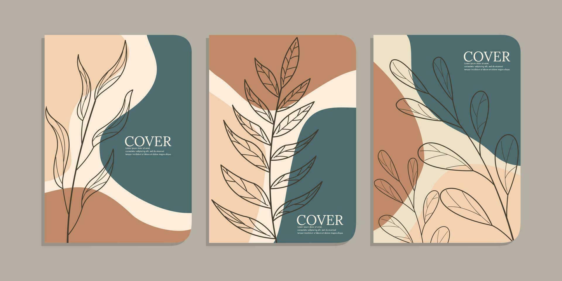 set of notebook cover designs with hand drawn floral decorations. abstract retro botanical shapes background. A4 size For notebooks, diaries, catalogs, brochures, planners, books. vector