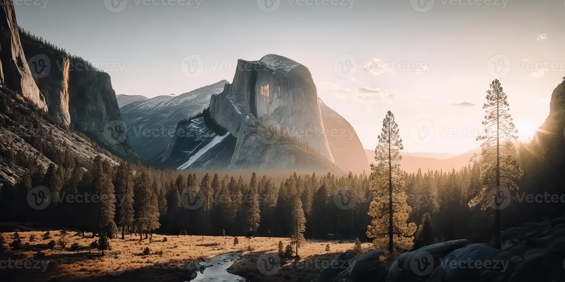 . . Photo realistic illustration of usa american Yosemite national park in the evening morning. Adventure explore vibe. Graphic Art