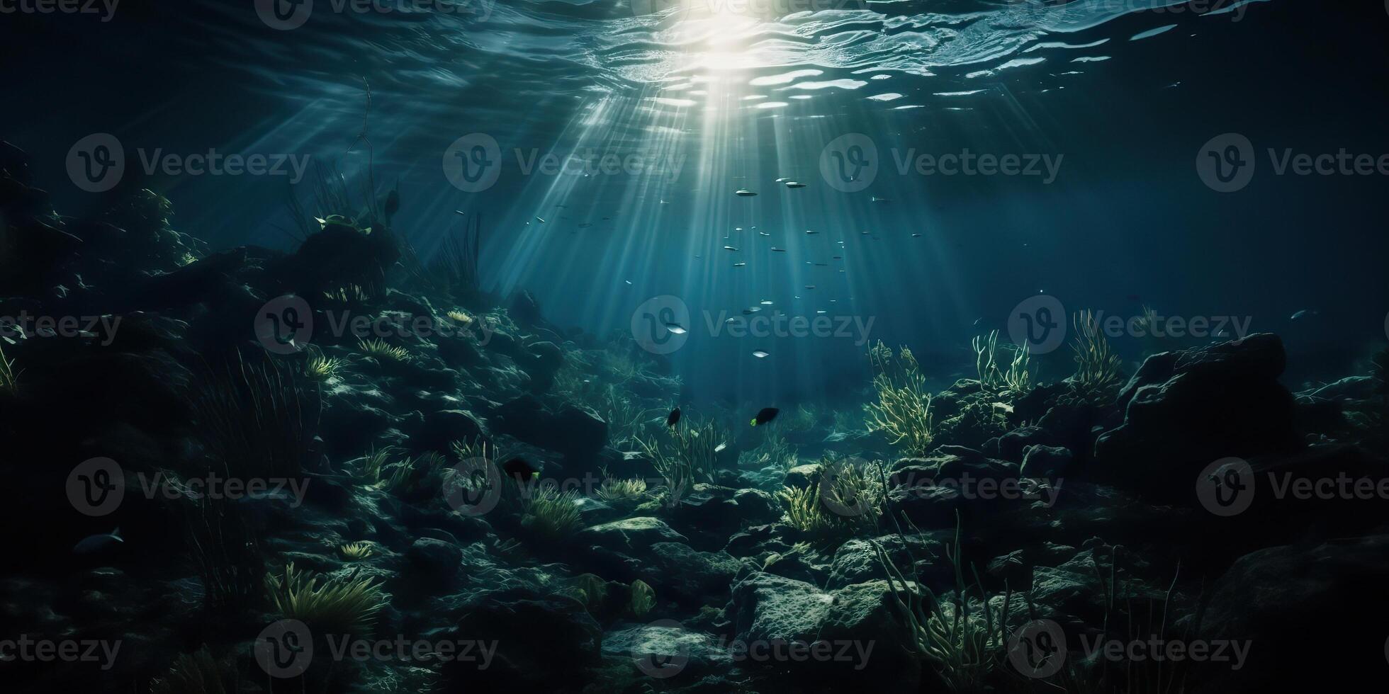 . . Photo of under sea ocean world. Marine Nautical with darm mustic mood adventure vibe. Graphic Art