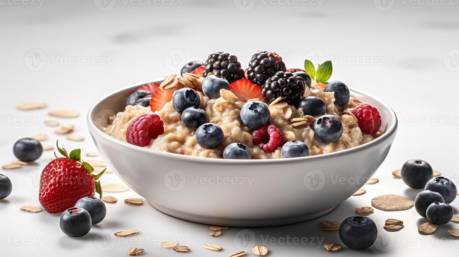 . . Photo of breakfast oat meal with berried. Healthy vegetarian food. Graphic Art