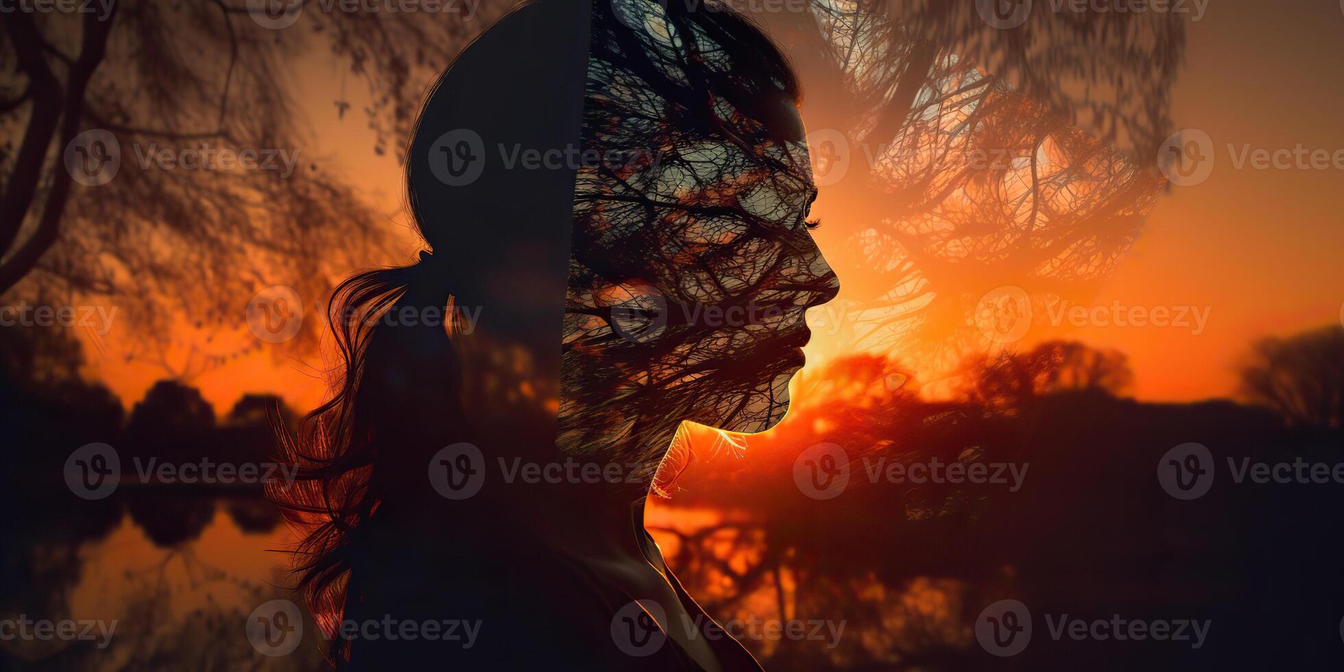 . . Double exposure photo realistic illustration. Romantic free soul lifestyle adventure vibe. Graphic Art