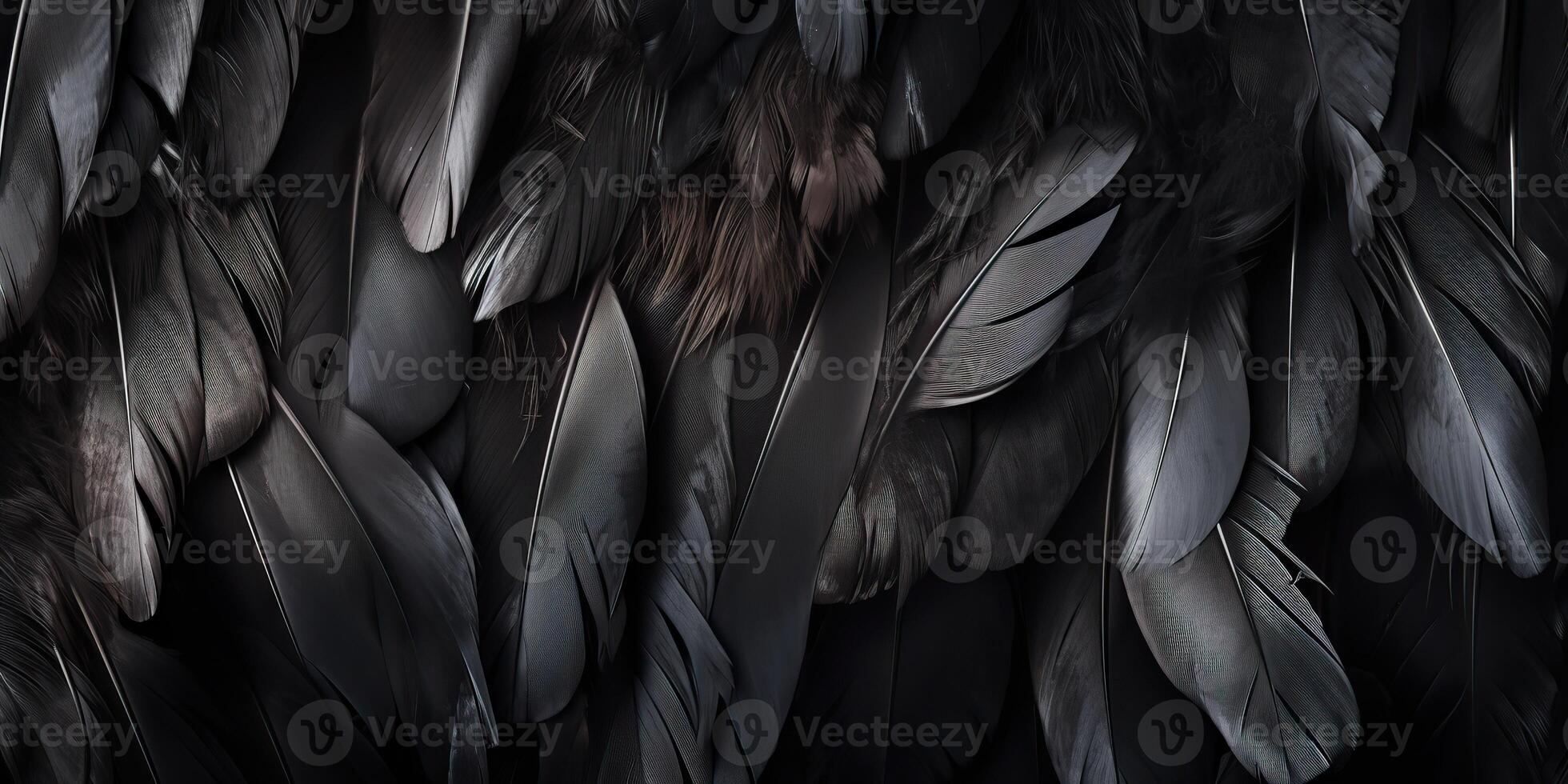 . . Photo realistic black feathers pattern background texture. Ellegant aesthetics luxury vibe. Graphic Art