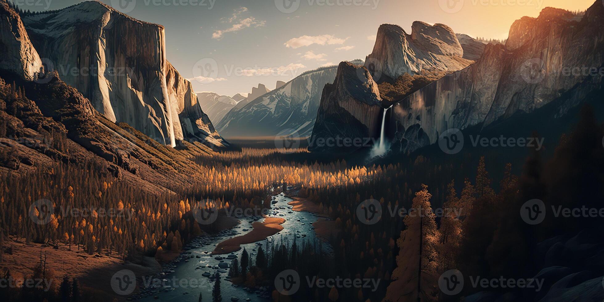 . . Photo realistic illustration of usa american Yosemite national park in the evening morning. Adventure explore vibe. Graphic Art