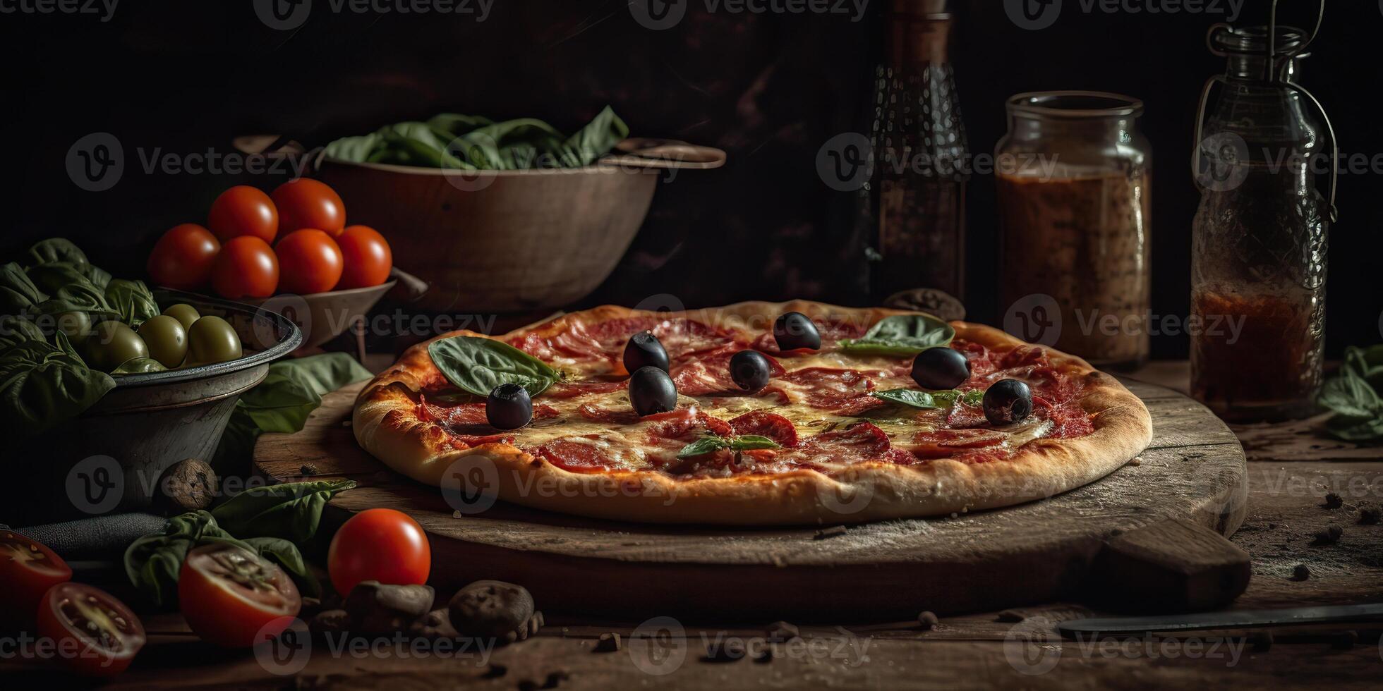 ai generativo. ai generado. foto realista ilustración de sabroso italiano Pizza familia cena. gráfico Arte