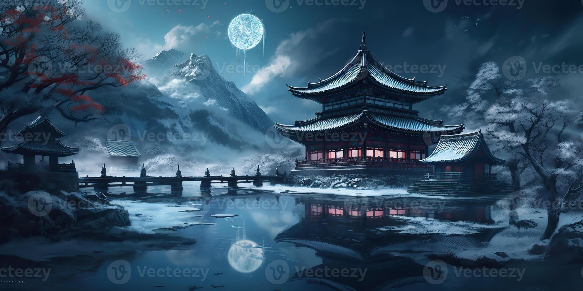 . Asian chinese cartoon style blue colors pagoda temple tower landscape. . Graphic Art photo