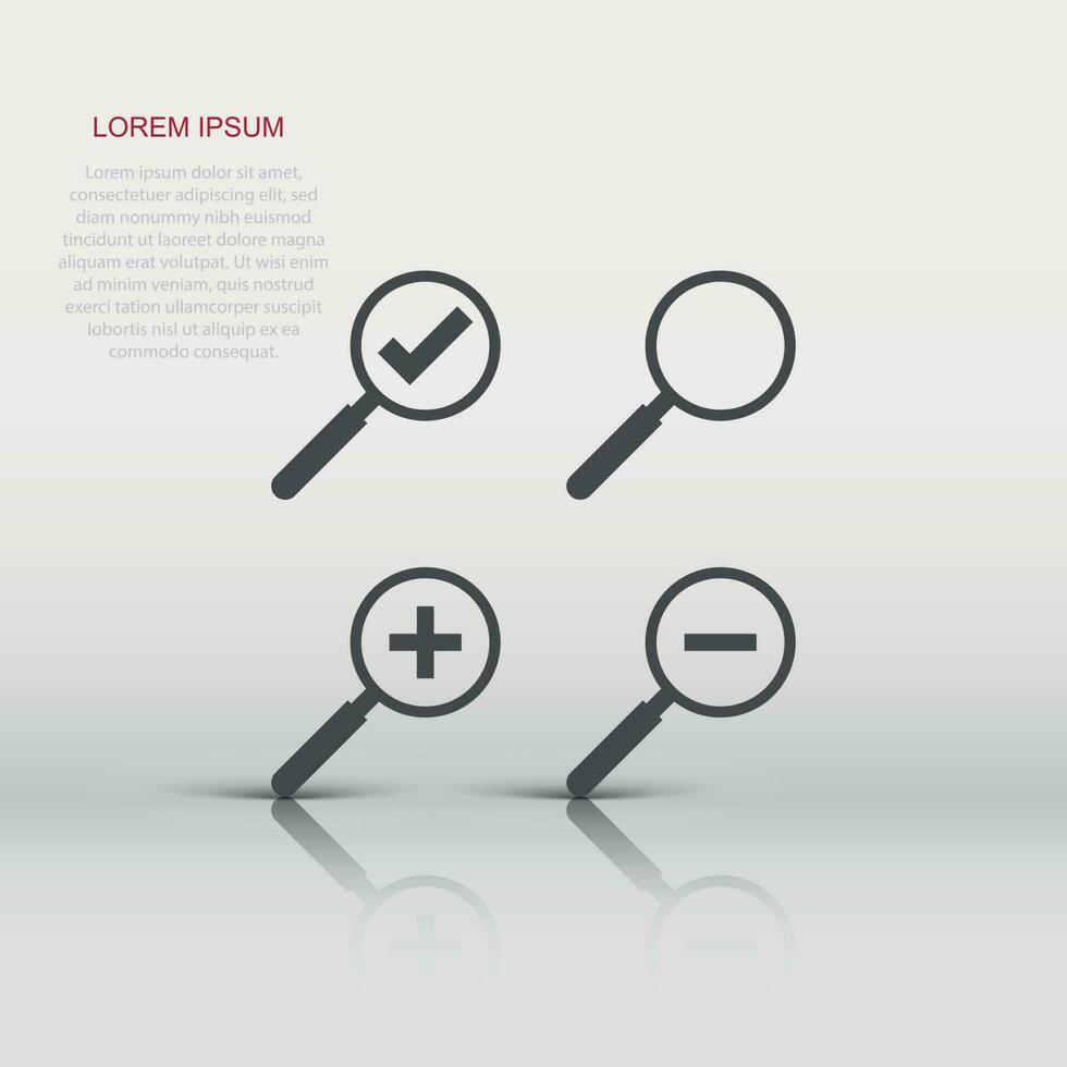 Vector set of loupe icon in flat style. Magnifier sign illustration pictogram. Search business concept.