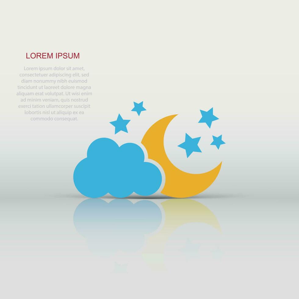 Moon and stars with clods vector icon in flat style. Nighttime illustration on white isolated background. Cloud, moon business concept.