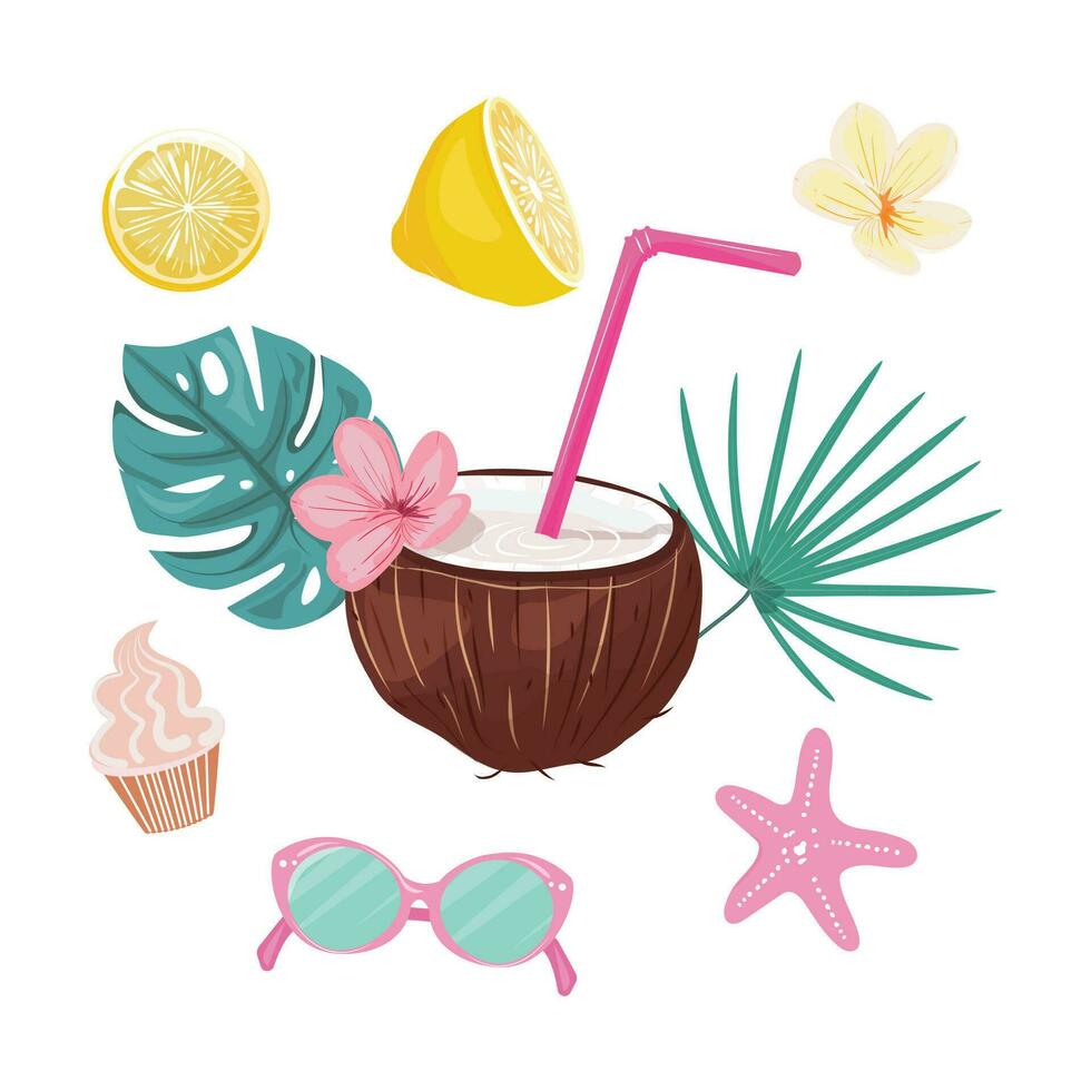 Tropical summer elements. Collection of summer items. Coconut cocktail with tropical summer elements and food. vector