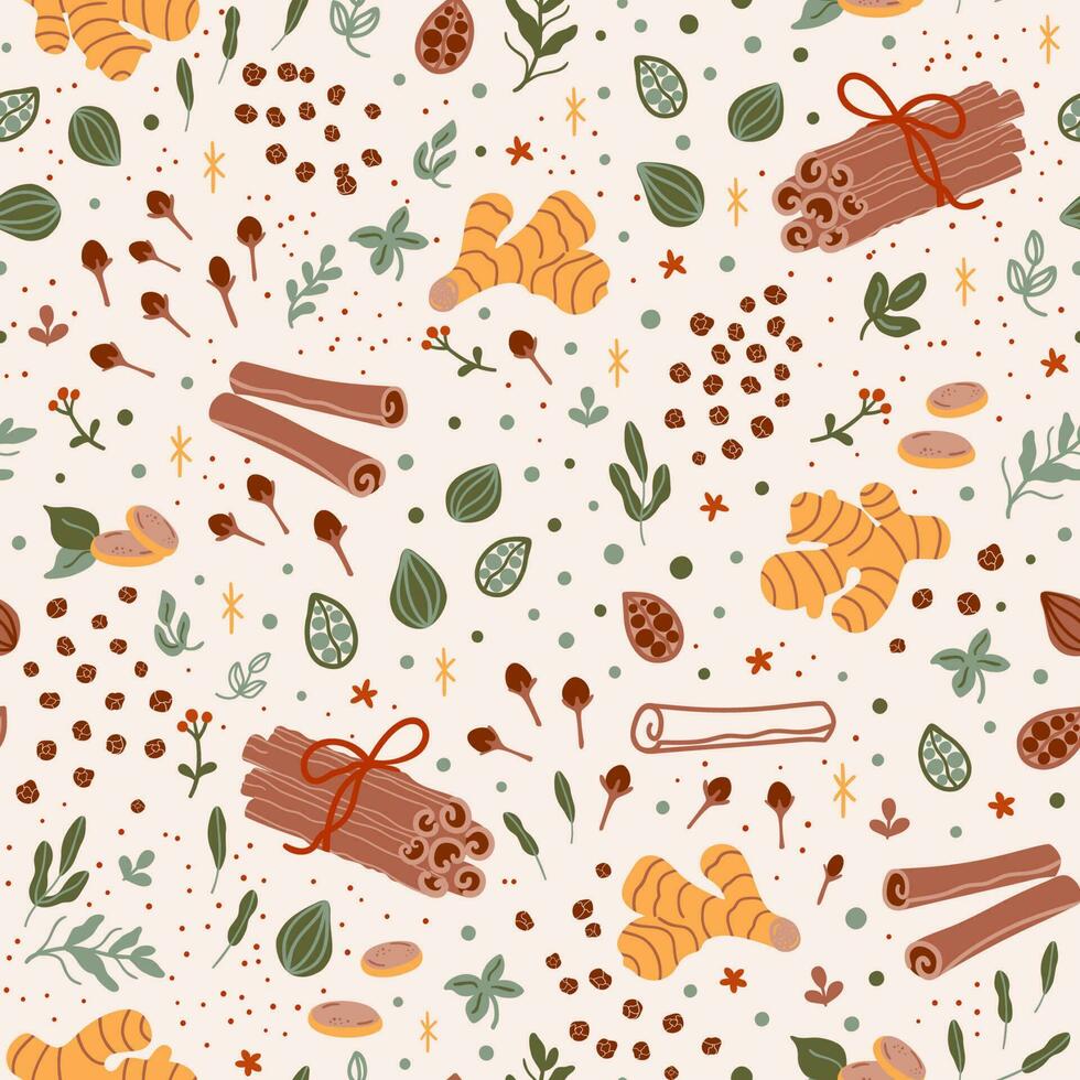 Spicy tea pattern. Spiced tea seamless background. Cartoon cinnamon, ginger, black paper, cardamon, clove. Flavor ingredients, masala tea vector hand drawn illustration. Chai tea print Hot spicy drink