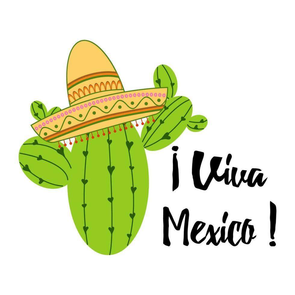 Viva Mexico colorful festive background. Cartoon vector hand drawn doodle illustration. Multicolored bright mexican design with text, cactus, sombrero. Bright sign print logo label banner card badge