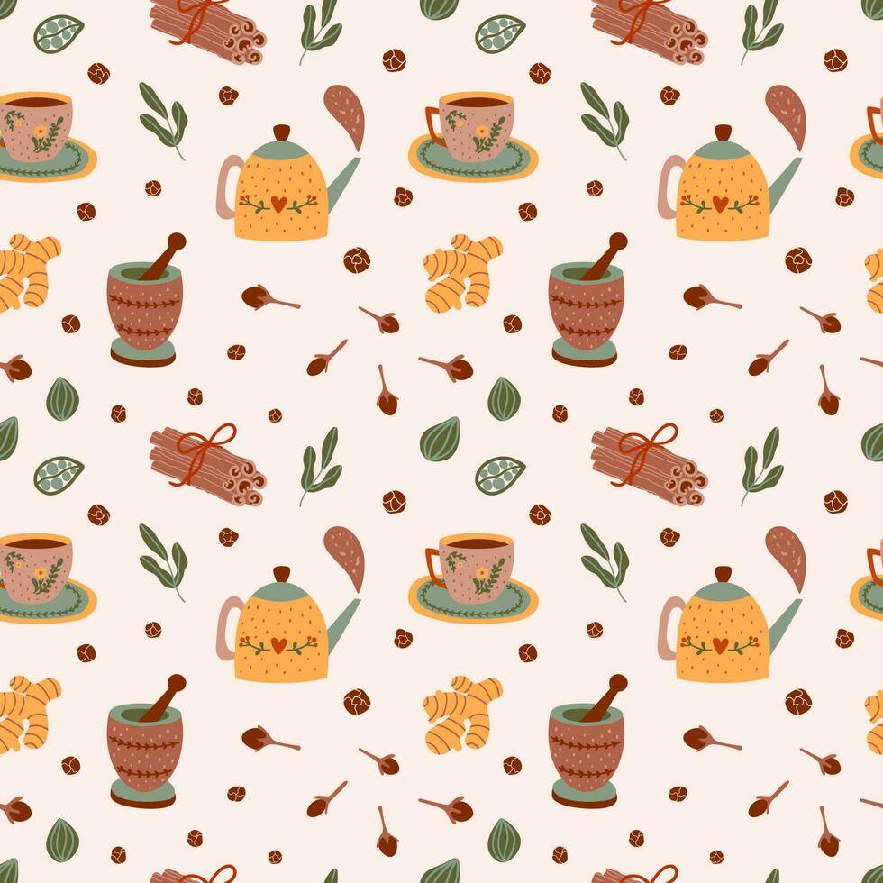 Spicy tea pattern. Spiced tea party seamless background. Cartoon cinnamon, ginger, black paper, cardamon, clove. Cup, mug, teapot, masala tea vector hand drawn illustration. Chai tea paper, print.