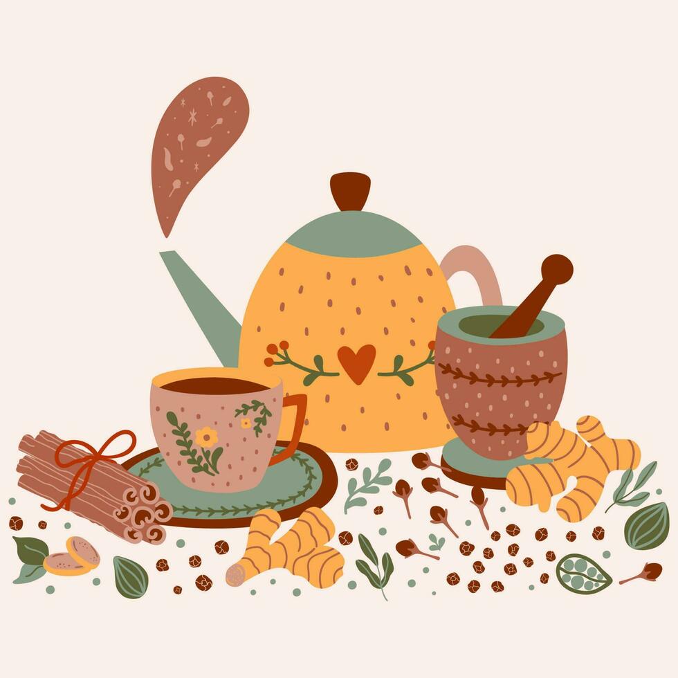 Spicy tea illustration. Hot flavored Spiced tea party print. Cartoon cinnamon, ginger, black paper, cardamon, clove. Cup, mug, teapot, mortar, pestle masala tea vector design. Chai tea card.