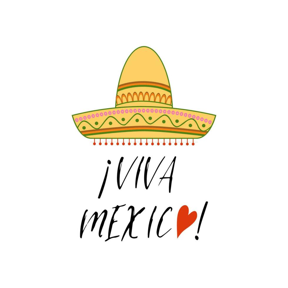 Viva Mexico colorful festive background. Cartoon vector hand drawn doodle illustration. Multicolored bright mexican design with text, sombrero. Bright sign print logo label banner card badge poster