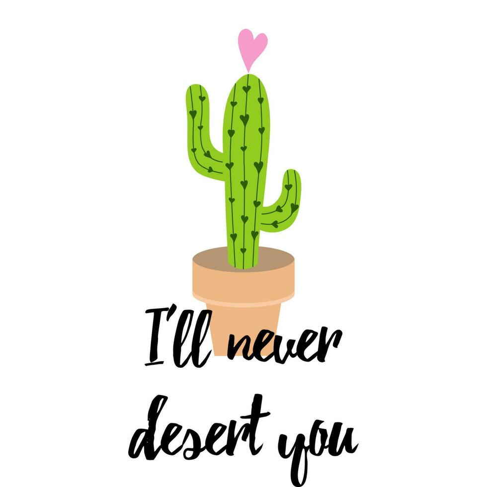 Vector banner. Cute hand drawn cactus in pot with heart print with inspirational funny quote isolated on white. Mexican symbol.