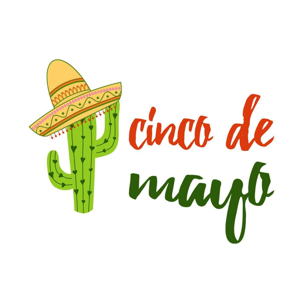 Cinco de Mayo emblem design with hand drawn calligraphy lettering, sombrero and cactus - symbols of holiday. Isolated on white background. Vector illustration. Mexican fiesta print, card, banner