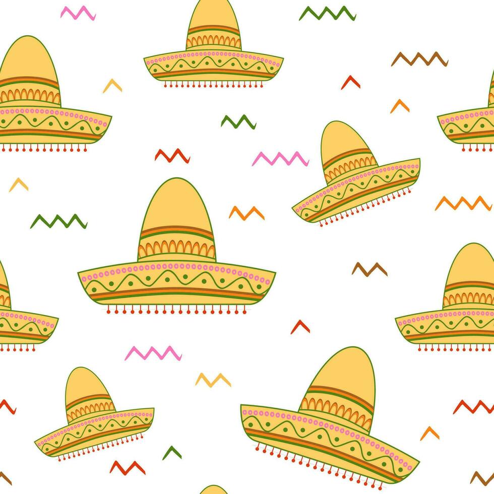 Seamless pattern with mexican sombrero in yellow color on white background. Funnyaztec banner Mexican design. Cute wallpaper, cover, wrap, textile, fabric, package Vector illustration
