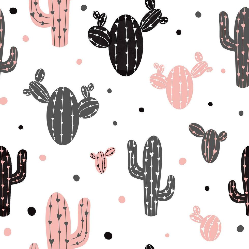 Cactus seamless pattern vector illustration Concept of pink black cactus with heart on white background. Fabric print. Hipster design. Wallpaper, printable template. Cover, wrap, textile, cloth, paper