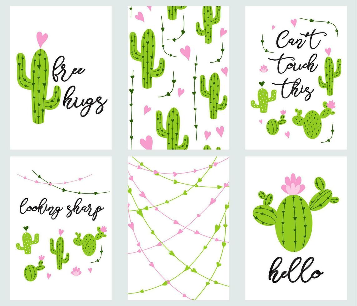 Set cute ready-to-use gift tags with cactus. Cactus, hearts, cacti and quotes text. Printable collection of hand drawn cactus label in ggreen pink colors. Vector badge design print banner template