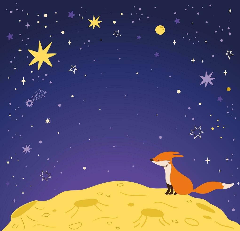 The Little Prince background. Starry sky and moon surface with fox. Cartoon stars banner. Kids design, fairy tale poster, hand drawn space vector illustration, cosmos wallpaper