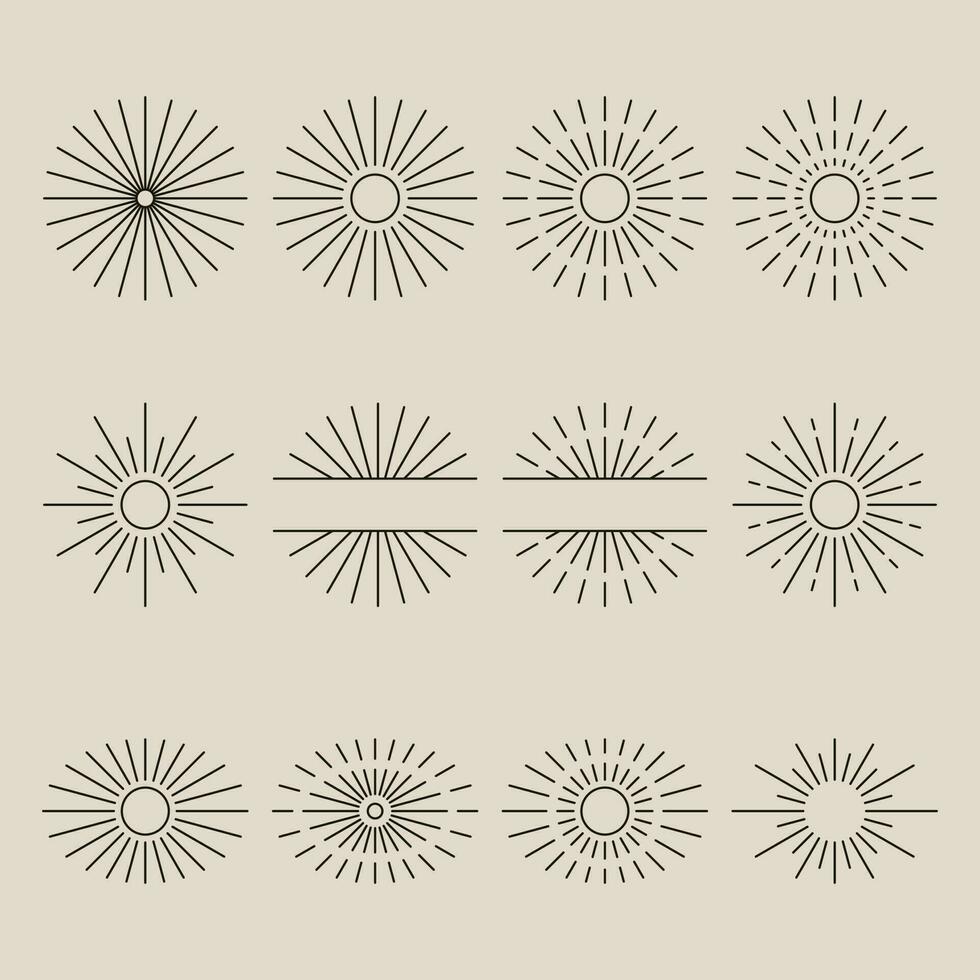 Sunburst logo set, emblems and icons, with line art logo vector symbol illustration