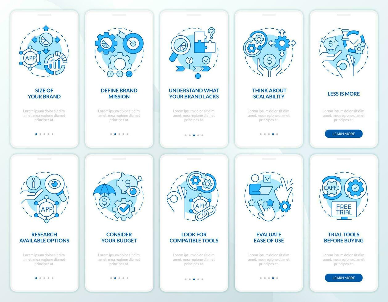 Selection company tools advices blue onboarding mobile app screen set. Walkthrough 5 steps editable graphic instructions with linear concepts. UI, UX, GUI template vector