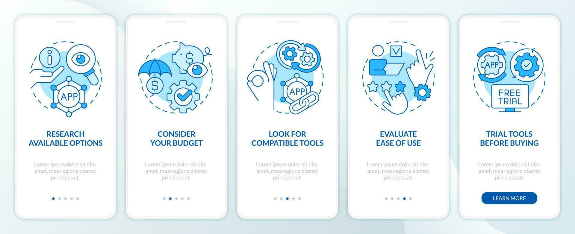 Selecting business tools tips blue onboarding mobile app screen. Walkthrough 5 steps editable graphic instructions with linear concepts. UI, UX, GUI template vector