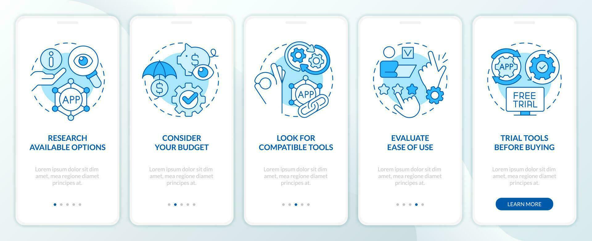 seleccionando negocio herramientas consejos azul inducción móvil aplicación pantalla. recorrido 5 5 pasos editable gráfico instrucciones con lineal conceptos. ui, ux, gui modelo vector