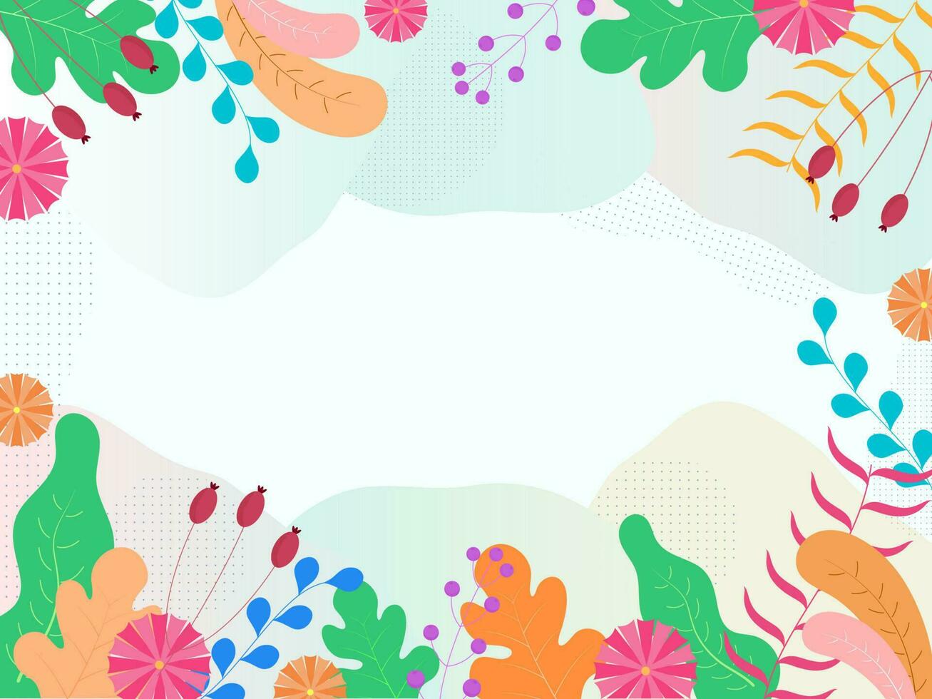 Colorful Flowers, Leaves and Berry Branches Decorated Border on Abstract Background. vector