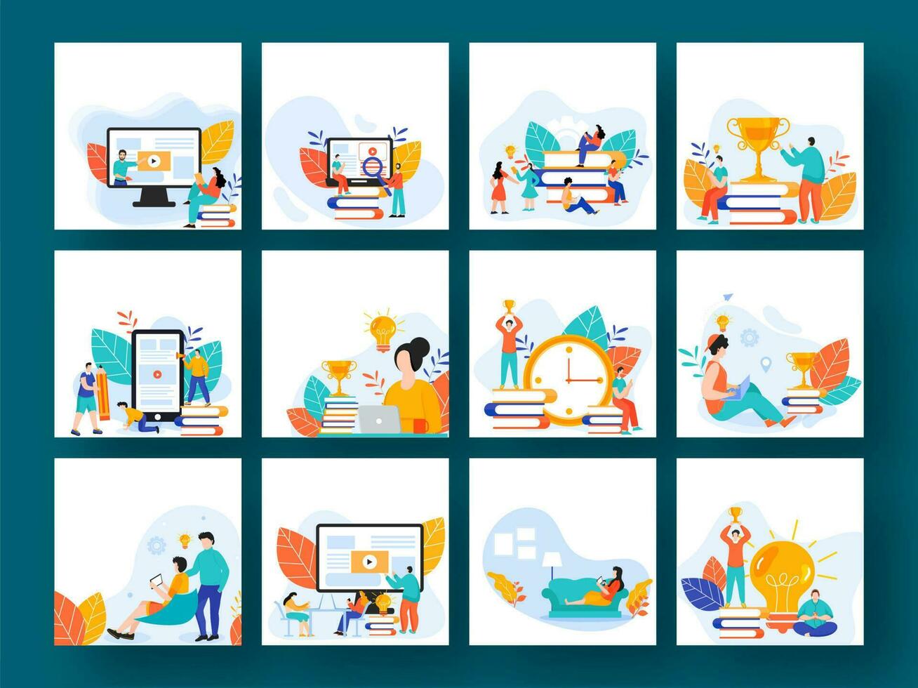 Online Education Learning or Reading from Digital Devices with Books and People Character in Different Option. vector