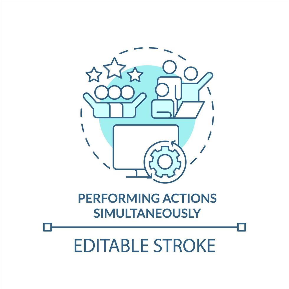 Performing actions simultaneously turquoise concept icon. Multiuser software abstract idea thin line illustration. Isolated outline drawing. Editable stroke vector