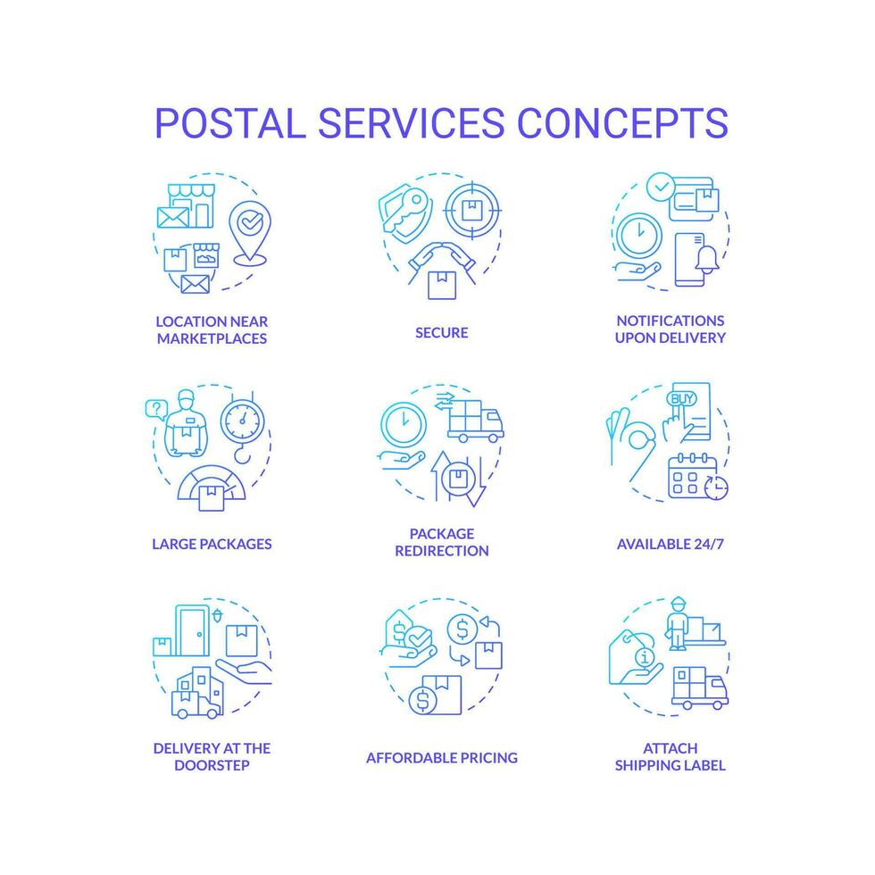 Post service advantages blue gradient concept icons set. Delivery company. Mail pros. Shipping benefits idea thin line color illustrations. Isolated symbols vector