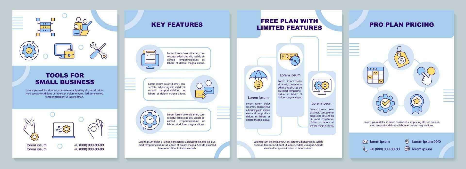 Tools for small business blue brochure template. Find solution. Leaflet design with linear icons. Editable 4 vector layouts for presentation, annual reports