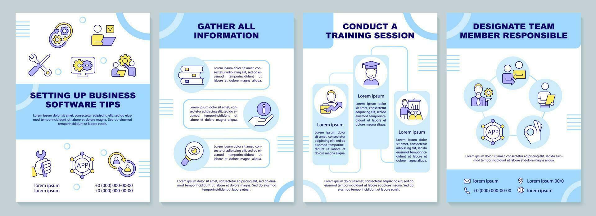 Setting up business software tips blue brochure template. Leaflet design with linear icons. Editable 4 vector layouts for presentation, annual reports