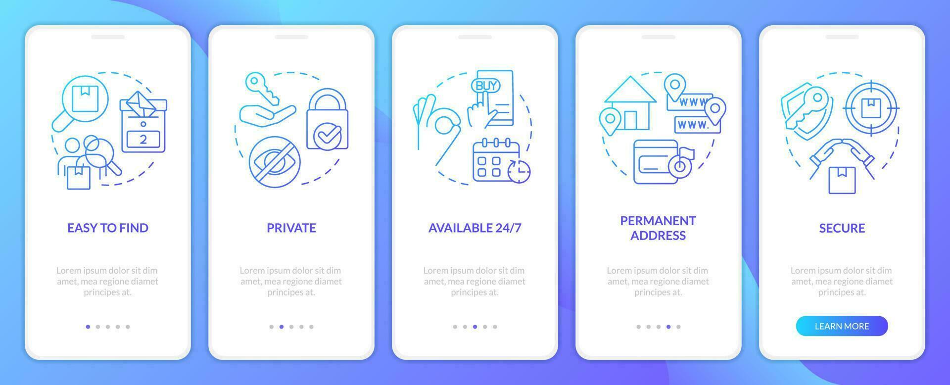 Using po boxes pros blue gradient onboarding mobile app screen. Walkthrough 5 steps graphic instructions with linear blue gradient concepts. UI, UX, GUI template vector