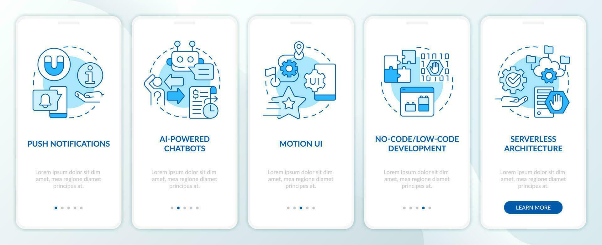 Web industry transformation blue onboarding mobile app screen. Walkthrough 5 steps editable graphic instructions with linear concepts. UI, UX, GUI template vector