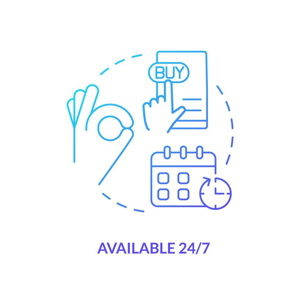 Available hourly blue gradient concept icon. Mailbox advantage. Affordable round clock. Po box constant access abstract idea thin line illustration. Isolated outline drawing vector