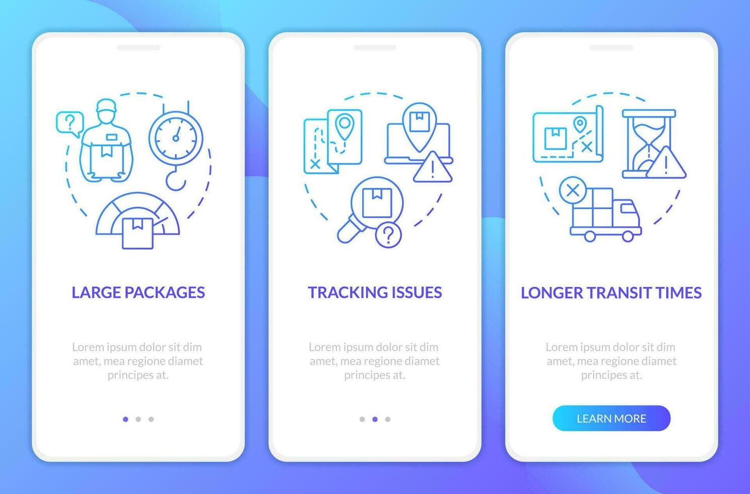 Post service minus blue gradient onboarding mobile app screen. Walkthrough 3 steps graphic instructions with linear blue gradient concepts. UI, UX, GUI template vector
