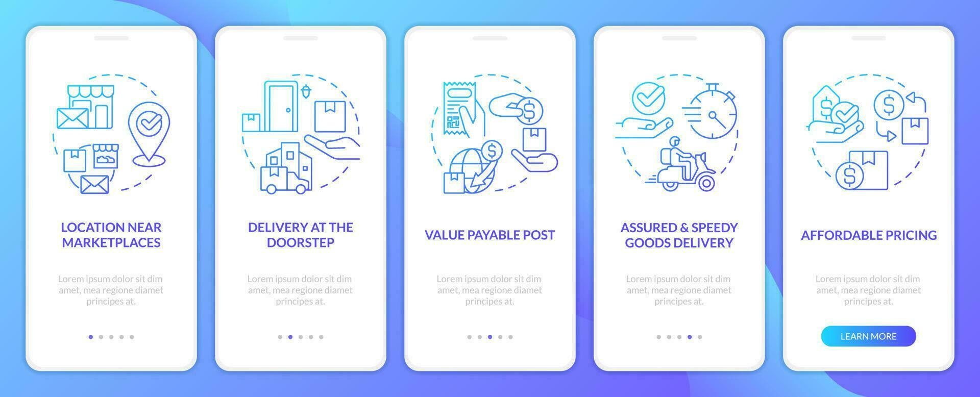 Postal service pros blue gradient onboarding mobile app screen. Walkthrough 5 steps graphic instructions with linear blue gradient concepts. UI, UX, GUI template vector